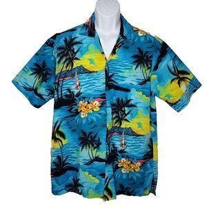 Mens Hawaiian Shirt XL Sunset Sailboat Palm Trees Flowers Blue Yellow